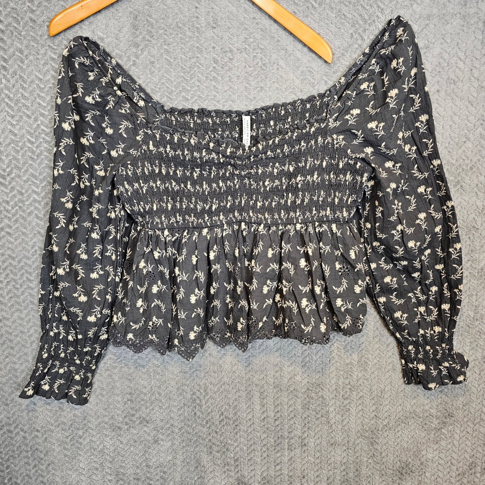 American Eagle Boho Peasant XL‎ Floral Smocked Babydoll Top Eyelet Lace Hem